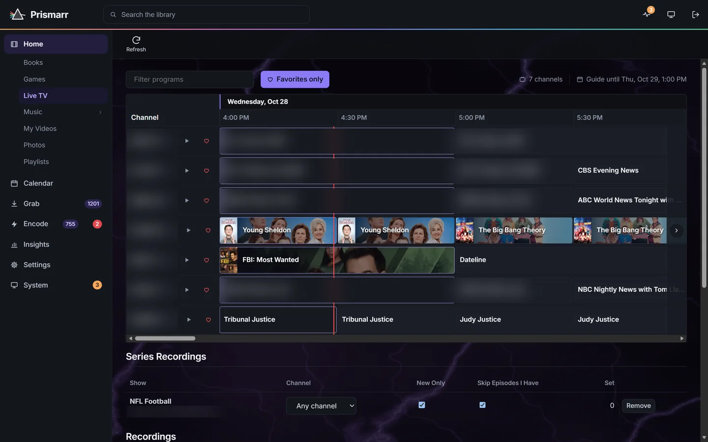 The Live TV guide for seven antenna channels from 4:00 to 5:30 PM, with artwork for network shows, above Series Recordings with an NFL Football recording set to new episodes only. Local channel names are blurred.