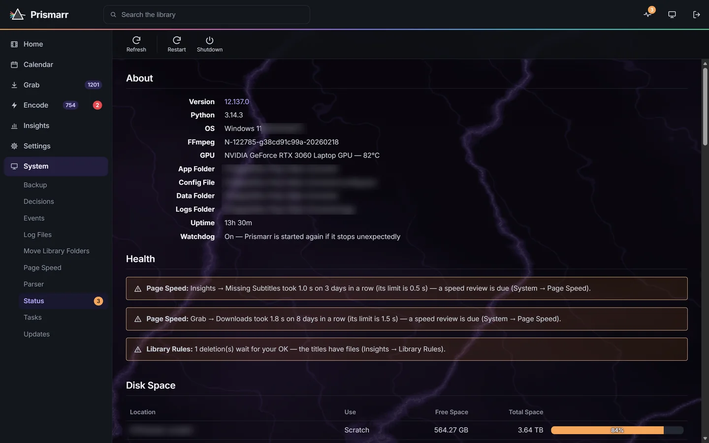System, Status: version 12.137.0 with its Python, FFmpeg and NVIDIA GPU details, the watchdog switched on, health notices about page speed and a library rule waiting for approval, and disk space. Folder paths are blurred.