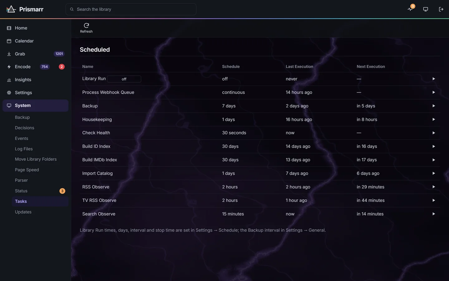 System, Tasks: scheduled jobs including the library run, the webhook queue, a backup every 7 days, daily housekeeping, a health check every 30 seconds, ID and IMDb indexes, and RSS and search checks, with when each last ran and runs next.