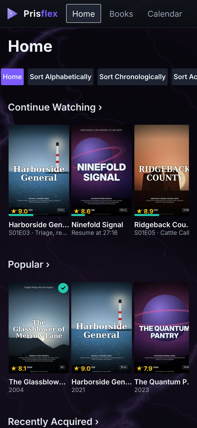The Prisflex App on a phone: Home, with Continue Watching and Popular rows of mock-up posters.