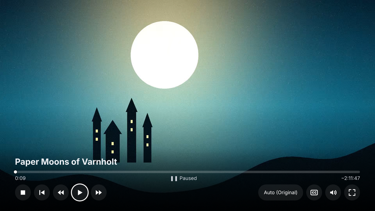 The Prisflex App on a TV: the full-screen player paused over a moonlit scene, with the progress bar, playback buttons, quality, subtitles, sound and full-screen controls.