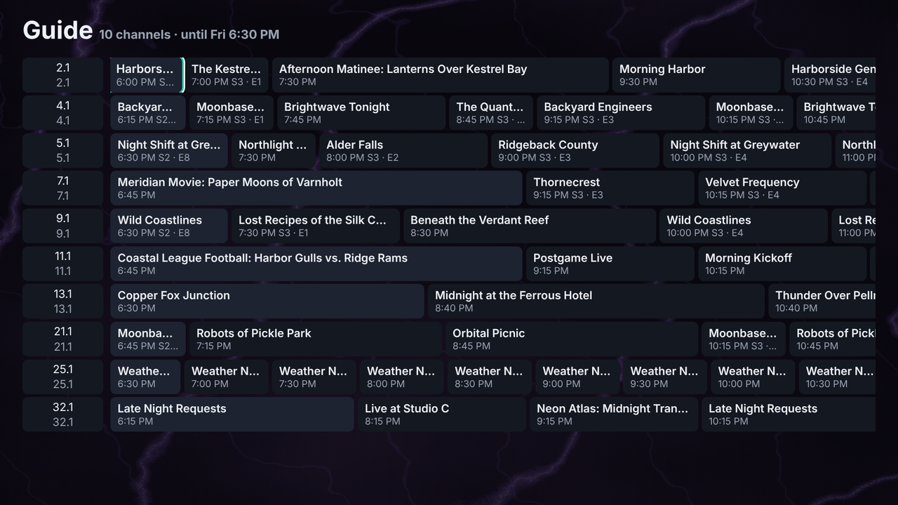 The Prisflex App on a TV: the Live TV guide, a grid of ten invented channels with their programmes and times.