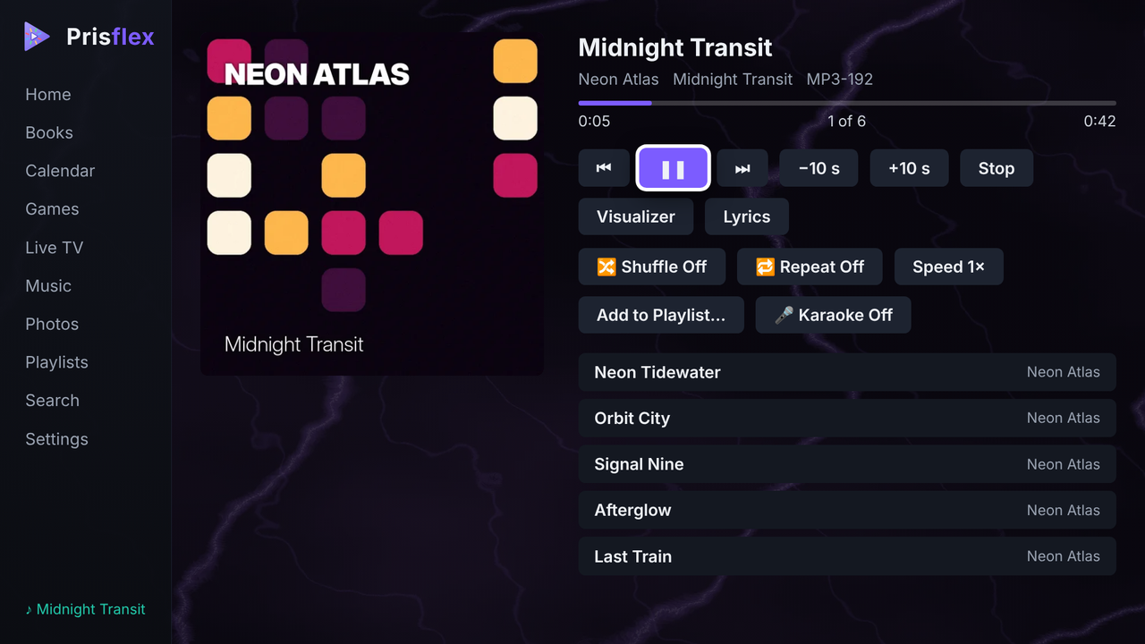 The Prisflex App on a TV: Music, Now Playing an invented album, with play controls, Visualizer, Lyrics, Shuffle, Repeat, Speed, Add to Playlist and Karaoke, and the track list.