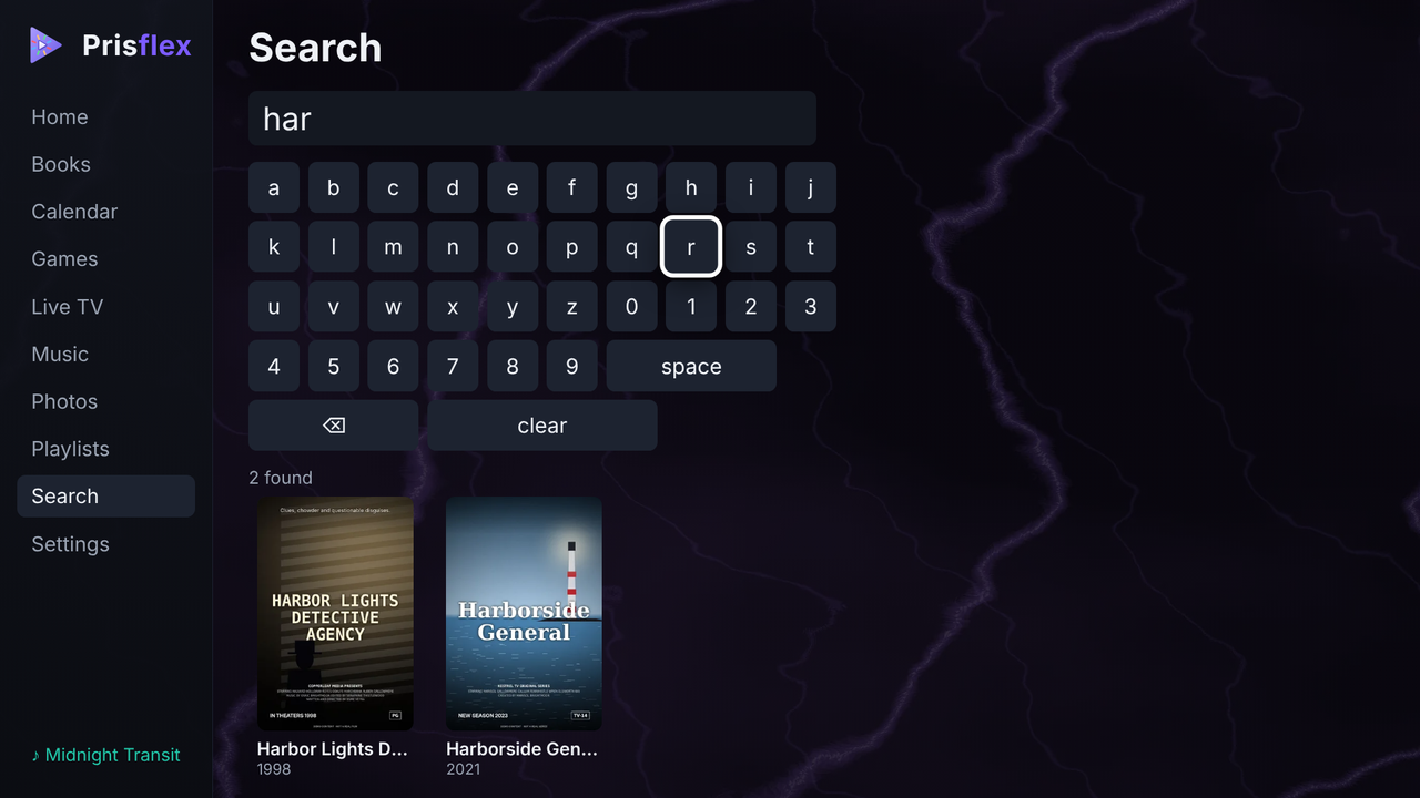 The Prisflex App on a TV: Search, with an on-screen keyboard, the letters 'har' typed and two results.