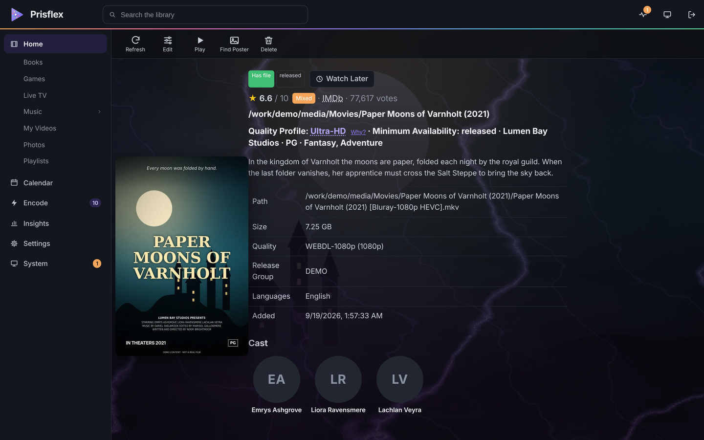 Prisflex Server in a web browser: a movie's page with its file path, size, quality, release group, languages and cast.