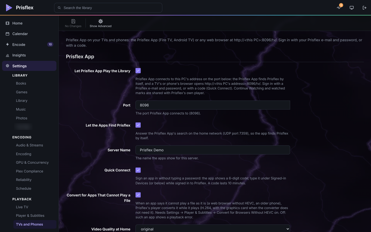 Prisflex Server in a web browser: Settings, TVs and Phones, with the Prisflex App port 8096, letting the apps find the server, the server name, Quick Connect and converting for apps that cannot play a file.